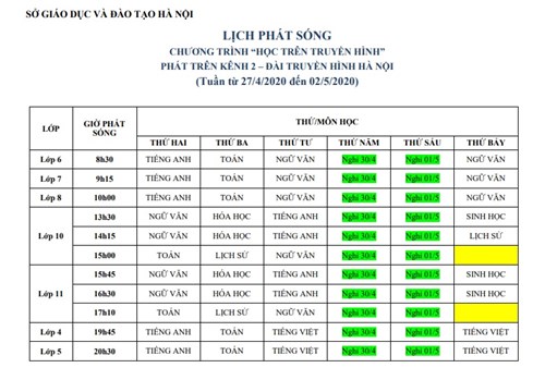 Lịch học trên truyền hình tuần từ 27/4/2020